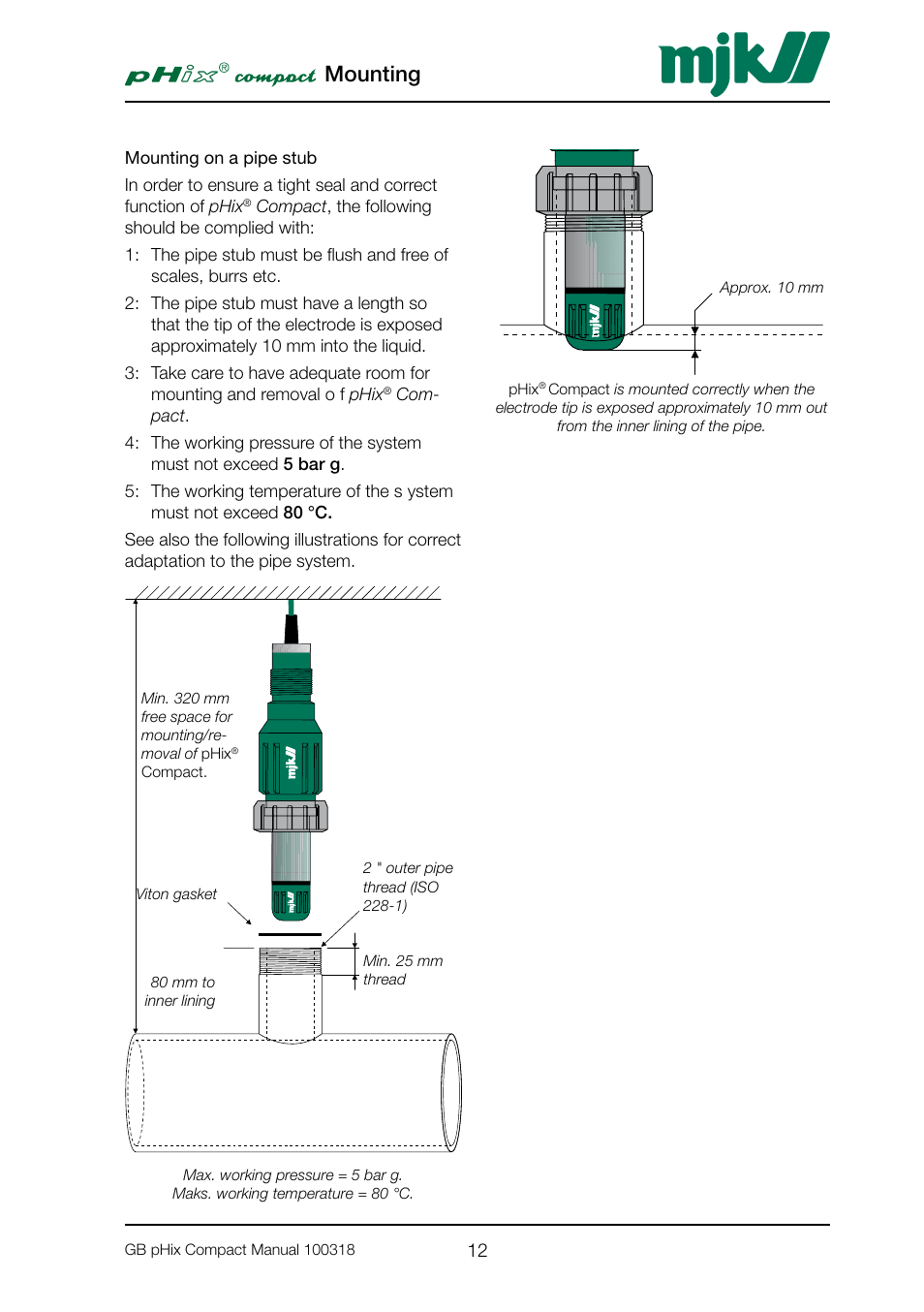 Mounting on a pipe stub, Mounting | Xylem PHIX COMPACT pH and Redox Transmitter User Manual | Page 12 / 26