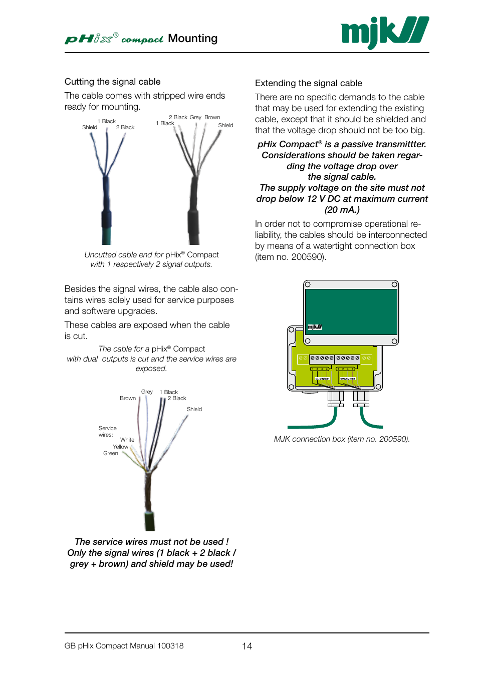 Cutting the signal cable, Extending the signal cable, Mounting | Xylem PHIX COMPACT pH and Redox Transmitter User Manual | Page 14 / 26