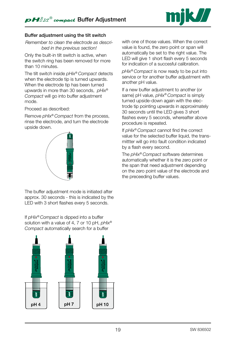Buffer adjustment using the tilt switch, Buffer adjustment | Xylem PHIX COMPACT pH and Redox Transmitter User Manual | Page 19 / 26
