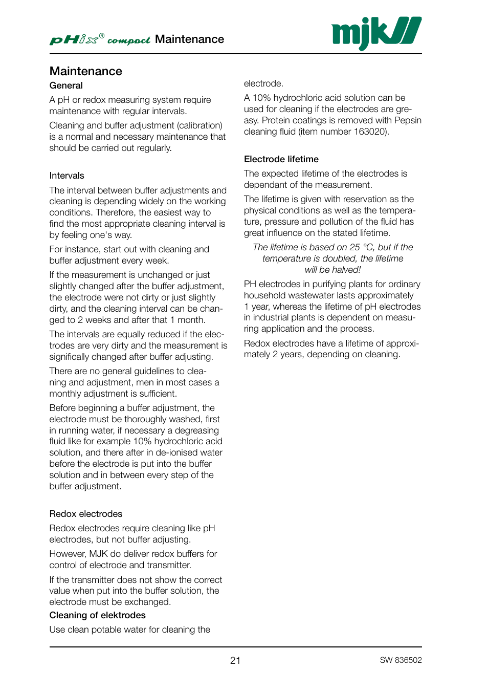 Maintenance, General, Intervals | Redox electrodes, Cleaning of elektrodes, Electrode lifetime, Intervals redox electrodes, Cleaning of elektrodes electrode lifetime | Xylem PHIX COMPACT pH and Redox Transmitter User Manual | Page 21 / 26