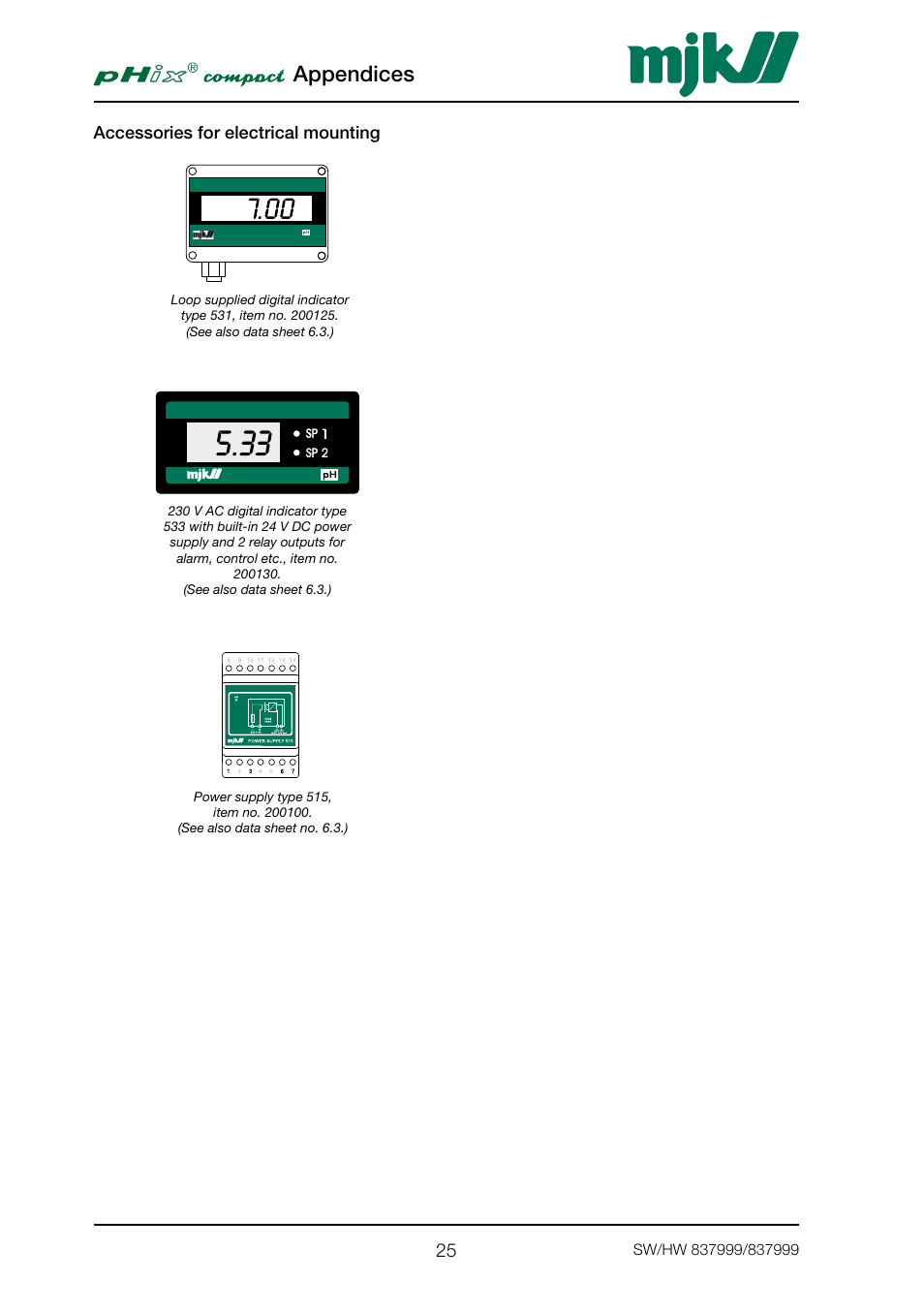 Accessories for electrical mounting, Appendices | Xylem PHIX COMPACT pH and Redox Transmitter User Manual | Page 25 / 26