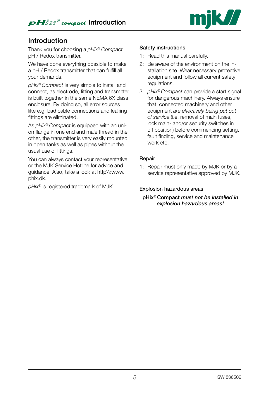 Introduction, Safety instructions, Repair | Explosion hazardous areas, Repair explosion hazardous areas | Xylem PHIX COMPACT pH and Redox Transmitter User Manual | Page 5 / 26