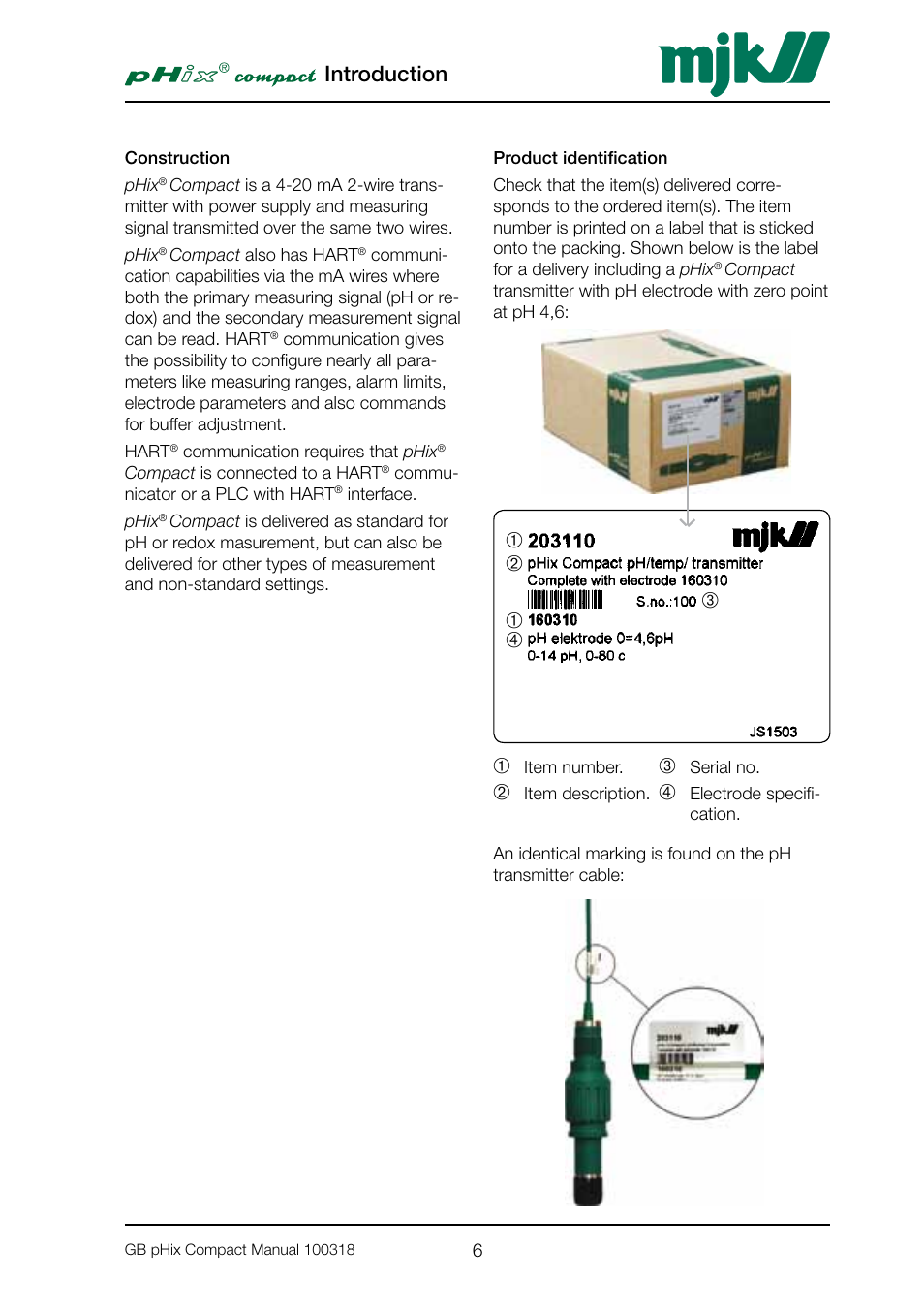 Construction, Product identification, Construction product identification | Introduction | Xylem PHIX COMPACT pH and Redox Transmitter User Manual | Page 6 / 26