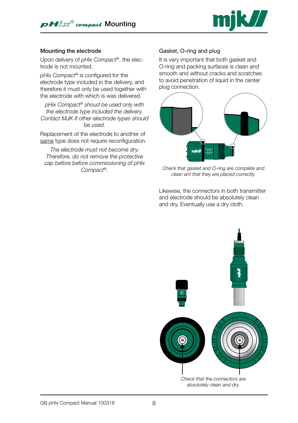 Mounting the electrode, Gasket, o-ring and plug, Mounting | Xylem PHIX COMPACT pH and Redox Transmitter User Manual | Page 8 / 26