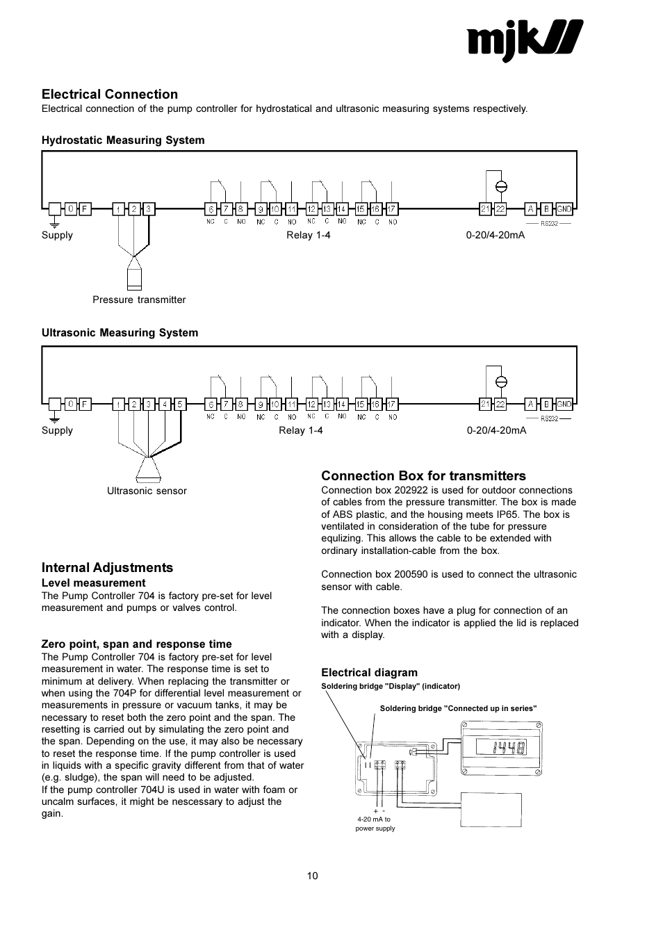 Electrical connection, Internal adjustments, Connection box for transmitters | Xylem 704 PUMP CONTROLLER User Manual | Page 10 / 15