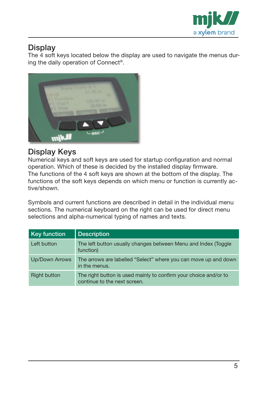 Display, Display keys | Xylem CONNECT Quick Guide User Manual | Page 5 / 24