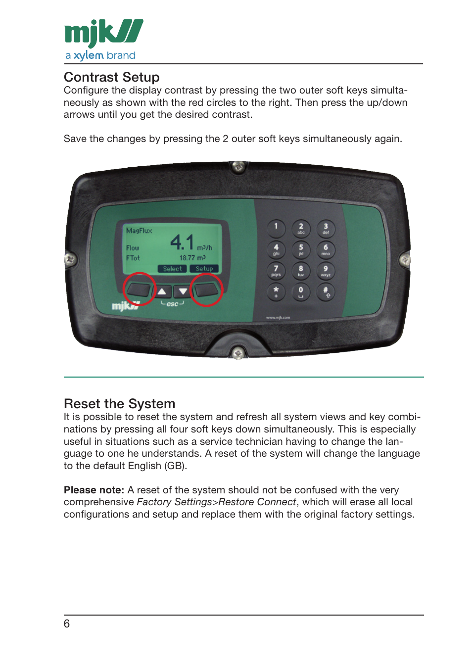 Contrast setup, Reset the system | Xylem CONNECT Quick Guide User Manual | Page 6 / 24