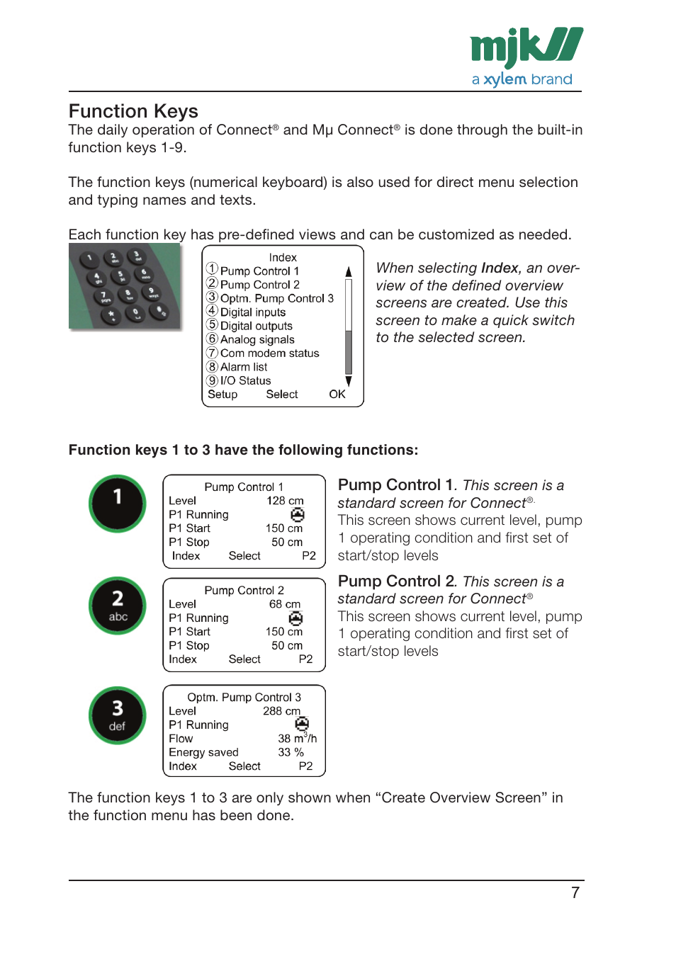 Function keys | Xylem CONNECT Quick Guide User Manual | Page 7 / 24