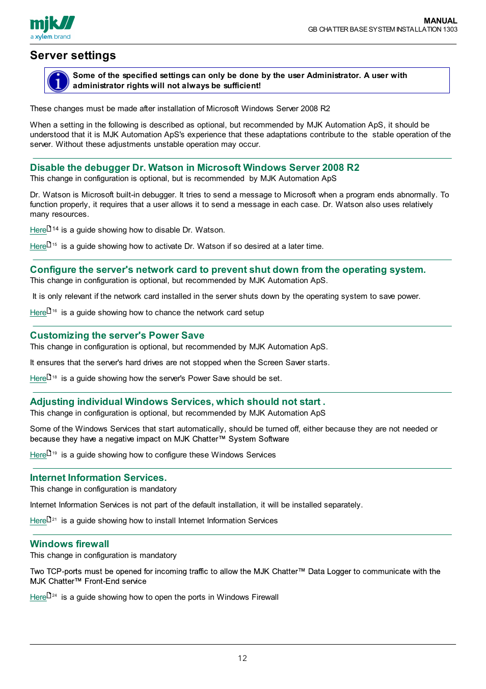 Server settings, Customizing the server's power save, Internet information services | Windows firewall | Xylem CHATTER Base System install guide User Manual | Page 12 / 79