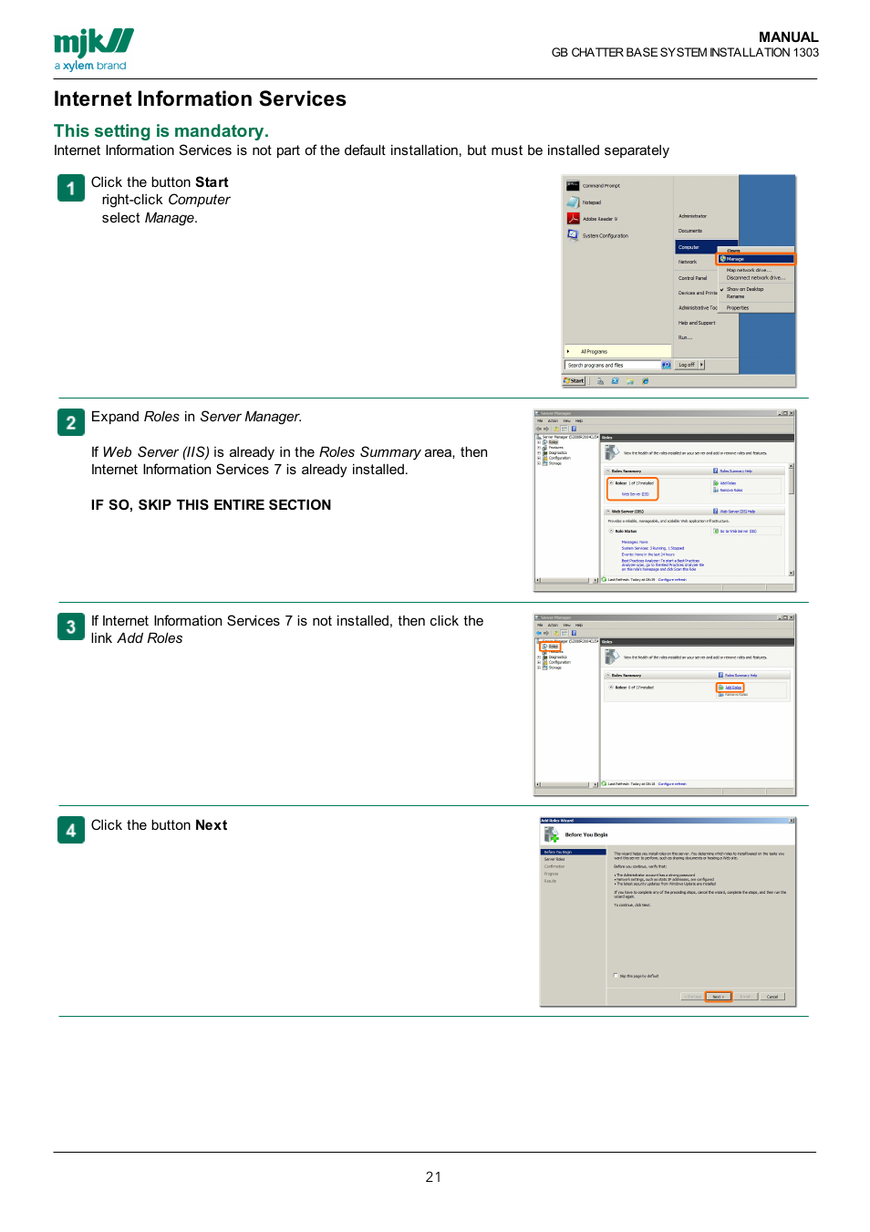 Internet information services, Internet information services 7, Here | Xylem CHATTER Base System install guide User Manual | Page 21 / 79