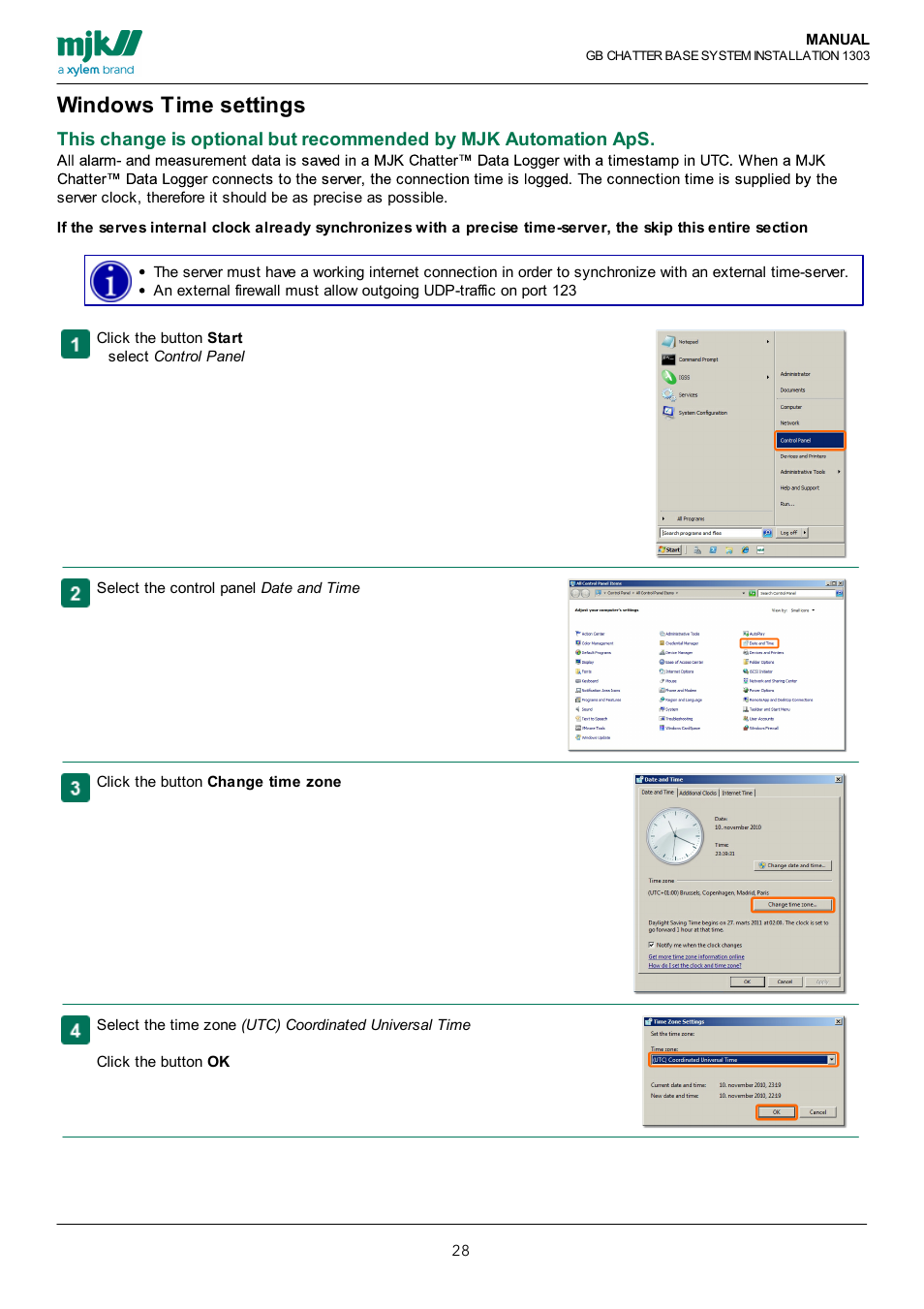 Windows time settings | Xylem CHATTER Base System install guide User Manual | Page 28 / 79