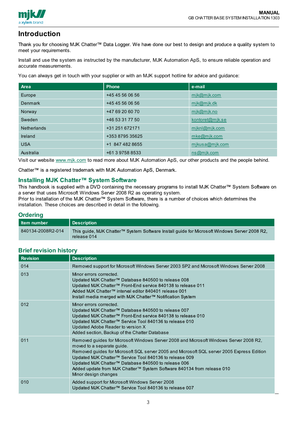 Introduction, Ordering, Brief revision history | Xylem CHATTER Base System install guide User Manual | Page 3 / 79