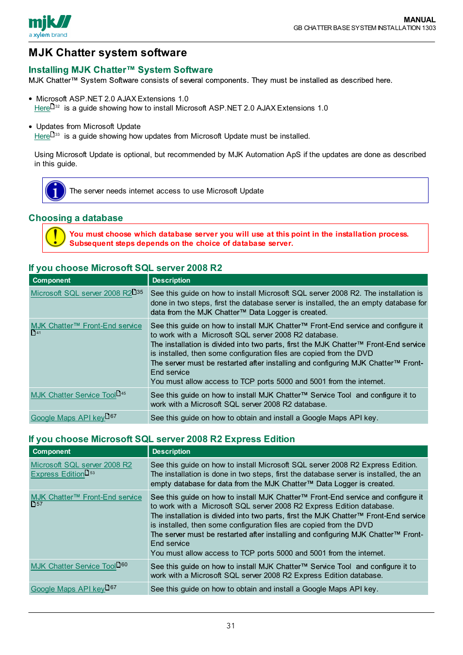 Mjk chatter system software, Choosing a database | Xylem CHATTER Base System install guide User Manual | Page 31 / 79