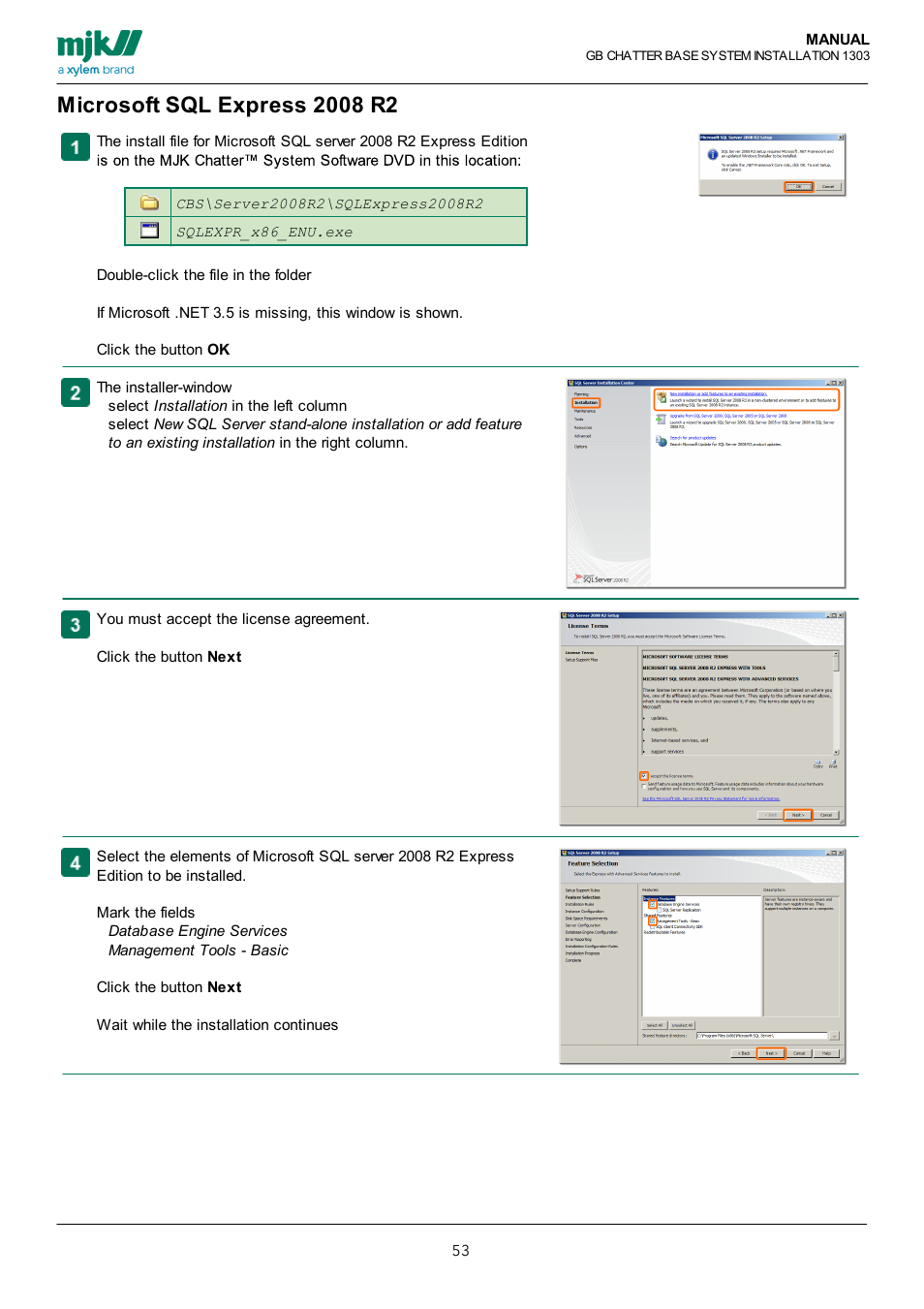 Microsoft sql express 2008 r2, Microsoft sql server 2008 r2 express edition | Xylem CHATTER Base System install guide User Manual | Page 53 / 79