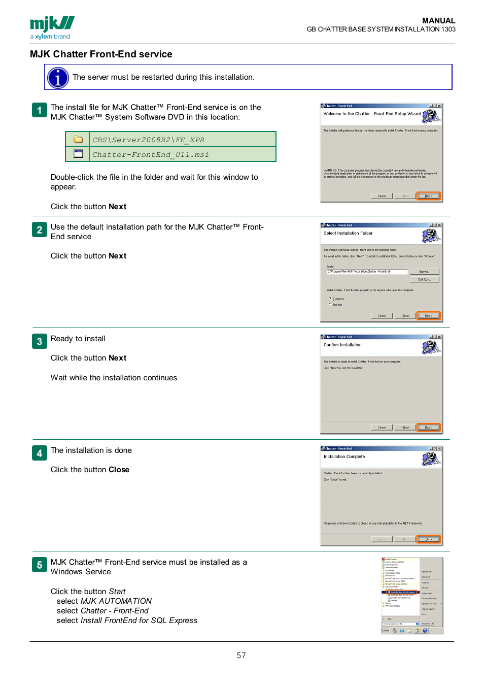Mjk chatter front-end service | Xylem CHATTER Base System install guide User Manual | Page 57 / 79