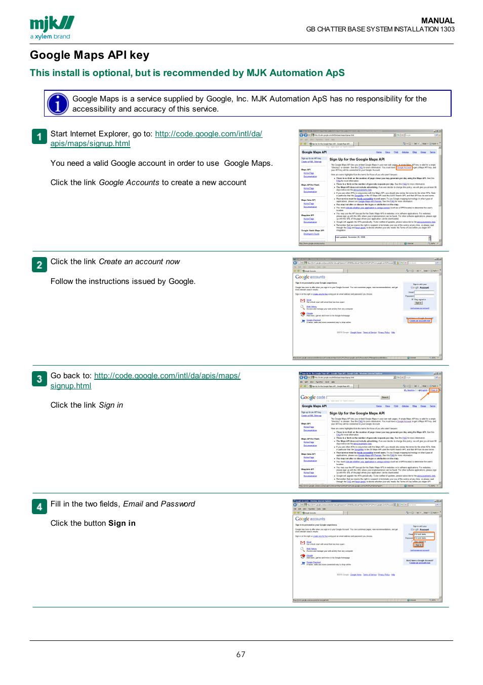 Google maps api key | Xylem CHATTER Base System install guide User Manual | Page 67 / 79