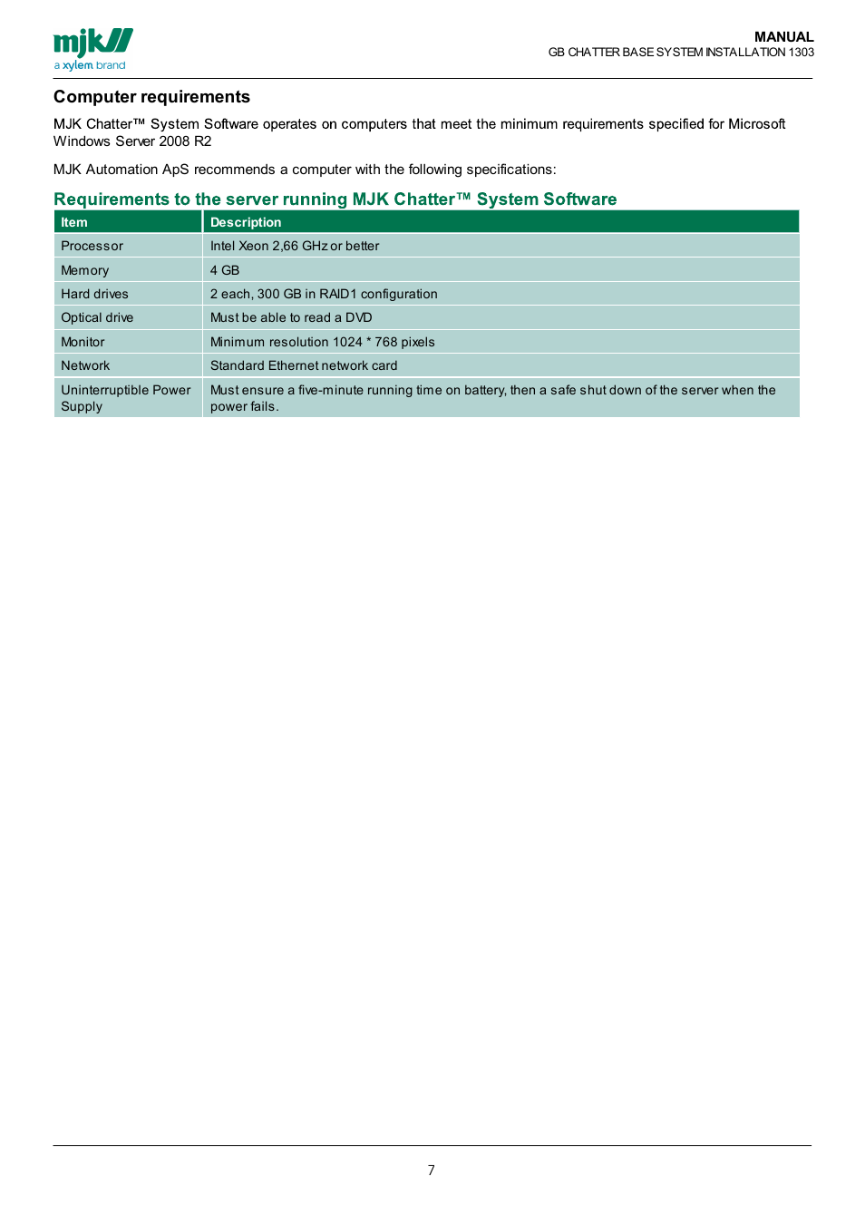 Computer requirements | Xylem CHATTER Base System install guide User Manual | Page 7 / 79