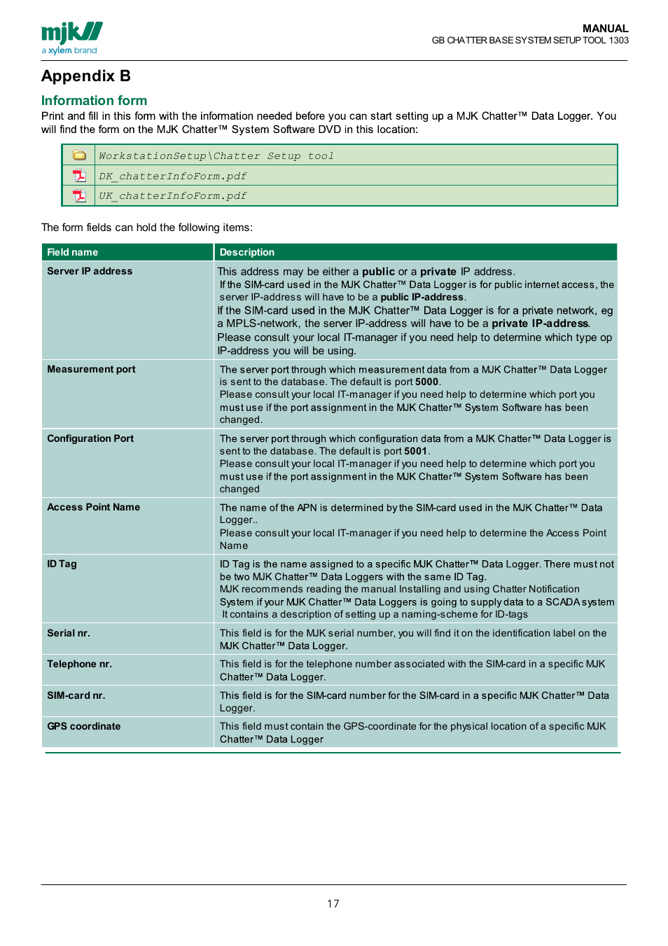 Appendix b, Information form | Xylem CHATTER Base System Setup Tool Users Guide User Manual | Page 17 / 19