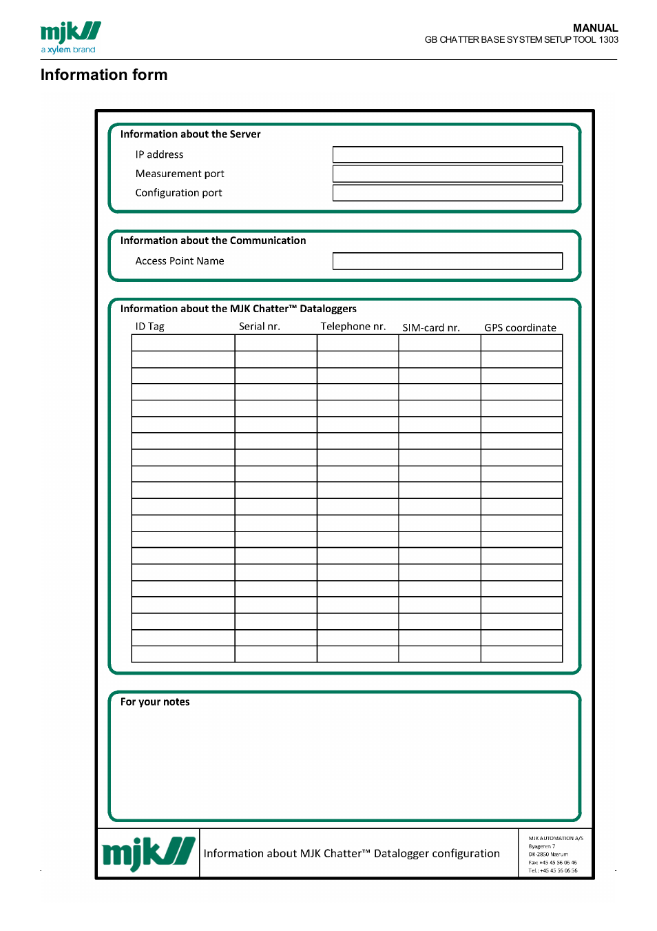 Information form, Information, Form | Xylem CHATTER Base System Setup Tool Users Guide User Manual | Page 18 / 19