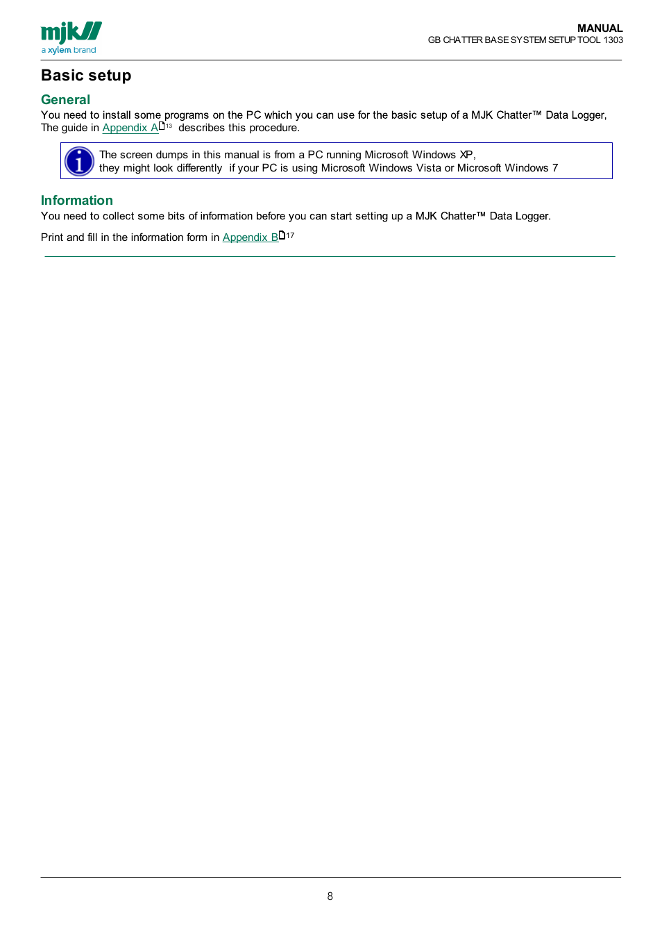Basic setup, General, Information | Xylem CHATTER Base System Setup Tool Users Guide User Manual | Page 8 / 19