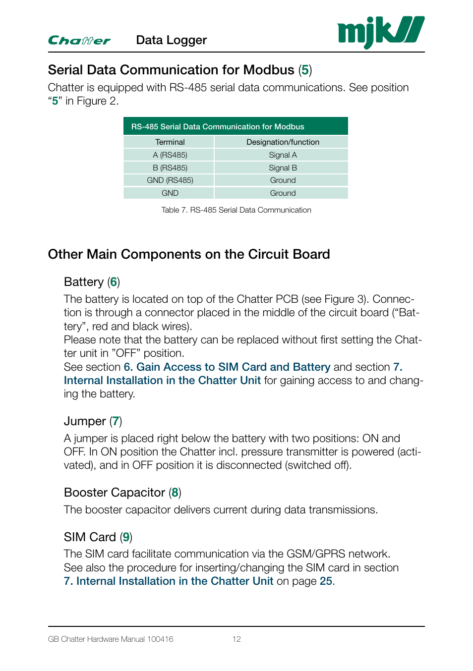 Serial data communication for modbus (5), Other main components on the circuit board, Battery (6) | Jumper (7), Booster capacitor (8), Sim card (9), Serial data communication for modbus, Battery, Jumper, Booster capacitor | Xylem CHATTER Hardware Manual User Manual | Page 12 / 50