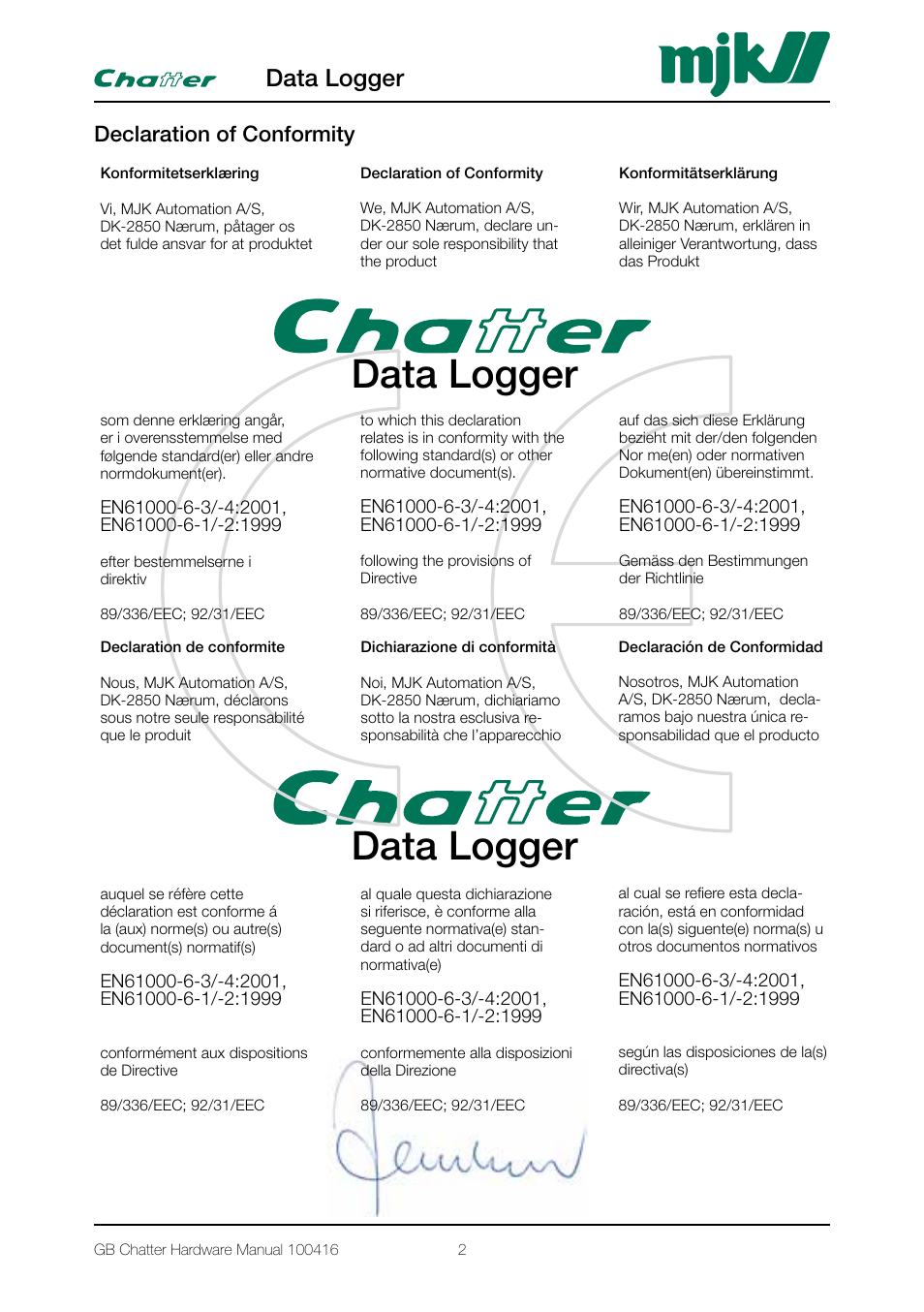 Data logger, Declaration of conformity | Xylem CHATTER Hardware Manual User Manual | Page 2 / 50