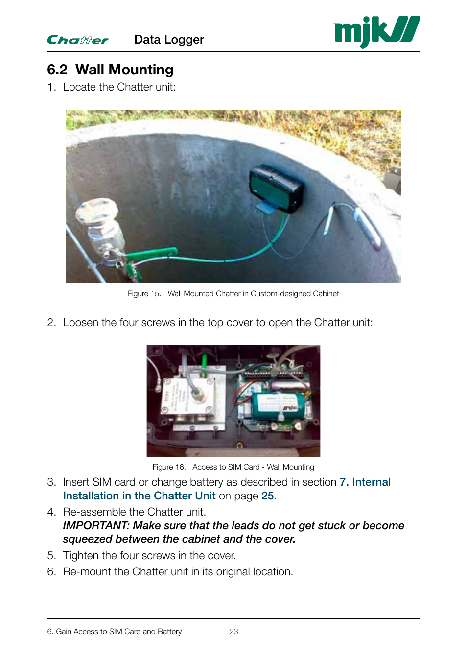 2 wall mounting, Close the chatter unit(s) as described in section | Xylem CHATTER Hardware Manual User Manual | Page 23 / 50