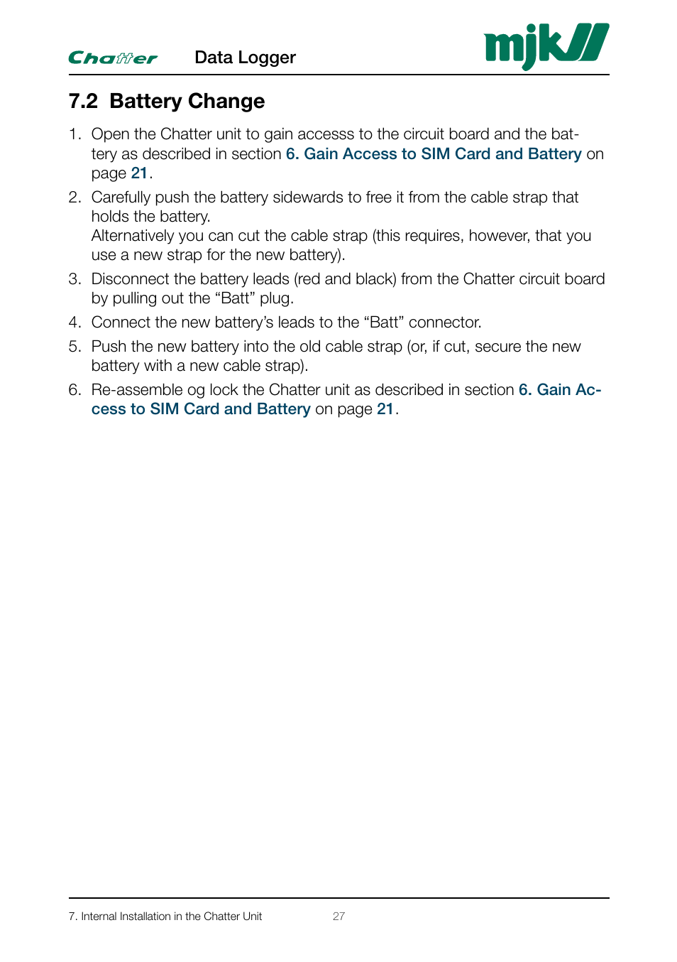 2 battery change | Xylem CHATTER Hardware Manual User Manual | Page 27 / 50