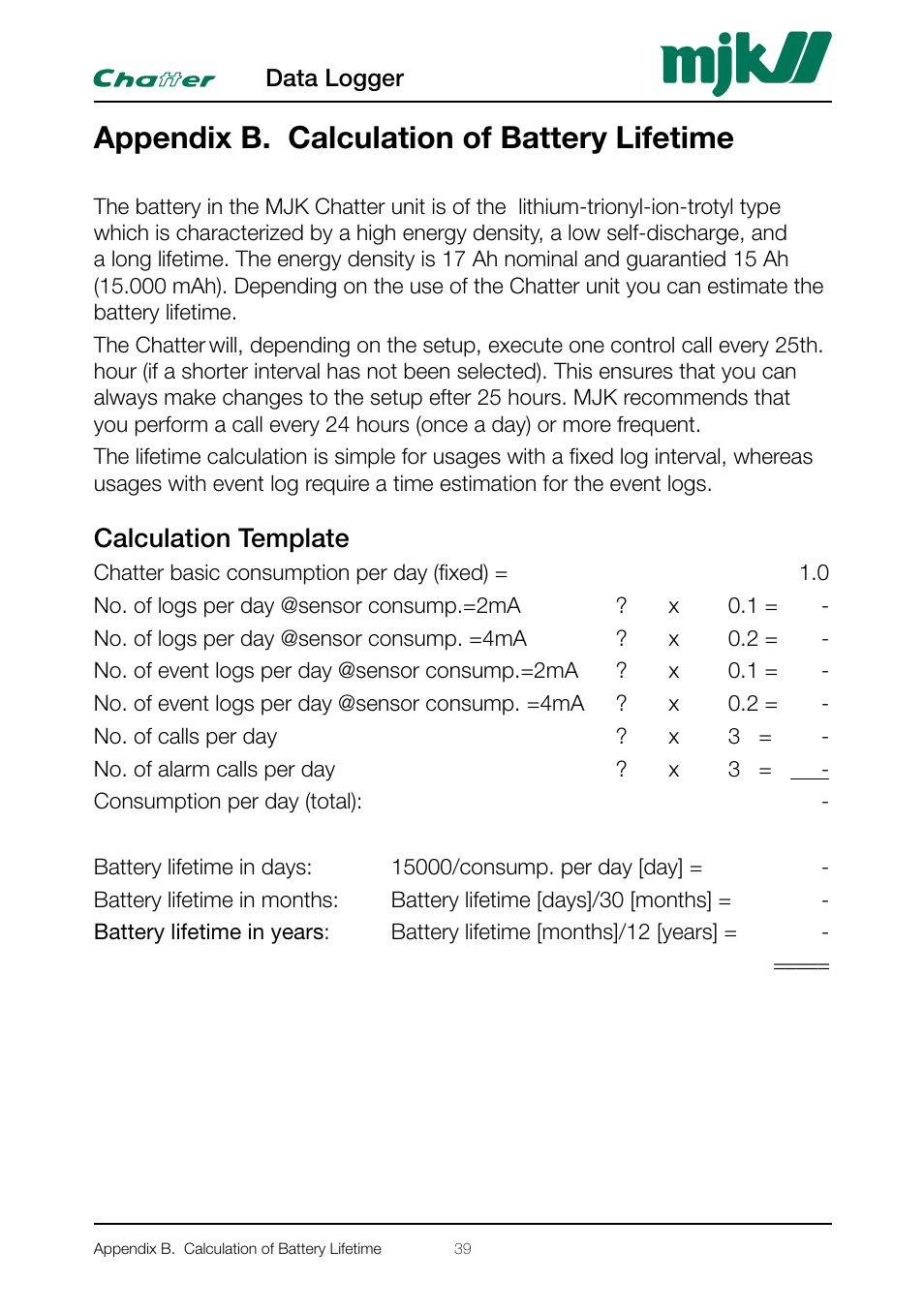 Appendix b. calculation of battery lifetime, Calculation template | Xylem CHATTER Hardware Manual User Manual | Page 39 / 50