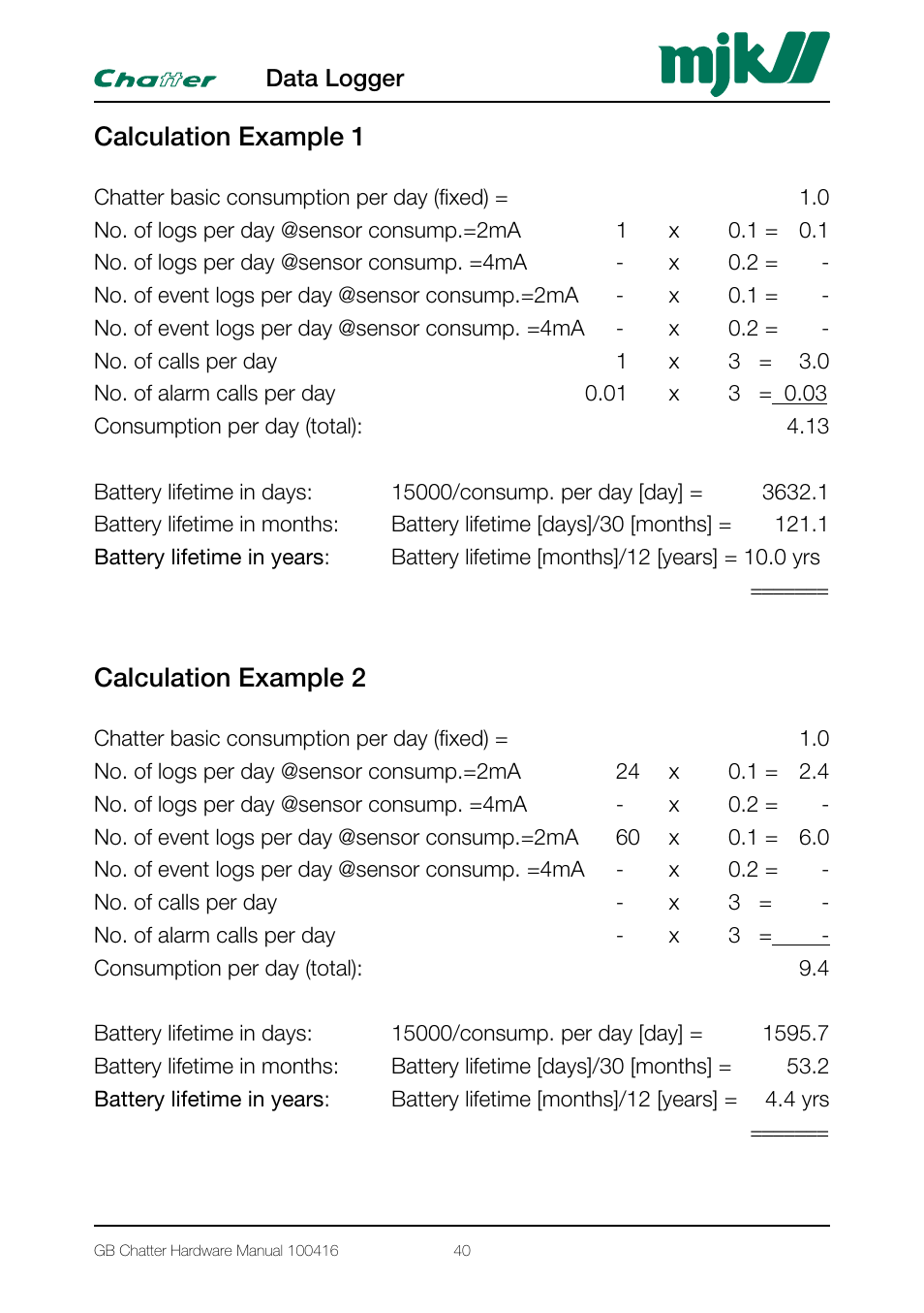 Calculation example 1, Calculation example 2, Calculation example 1 calculation example 2 | Xylem CHATTER Hardware Manual User Manual | Page 40 / 50