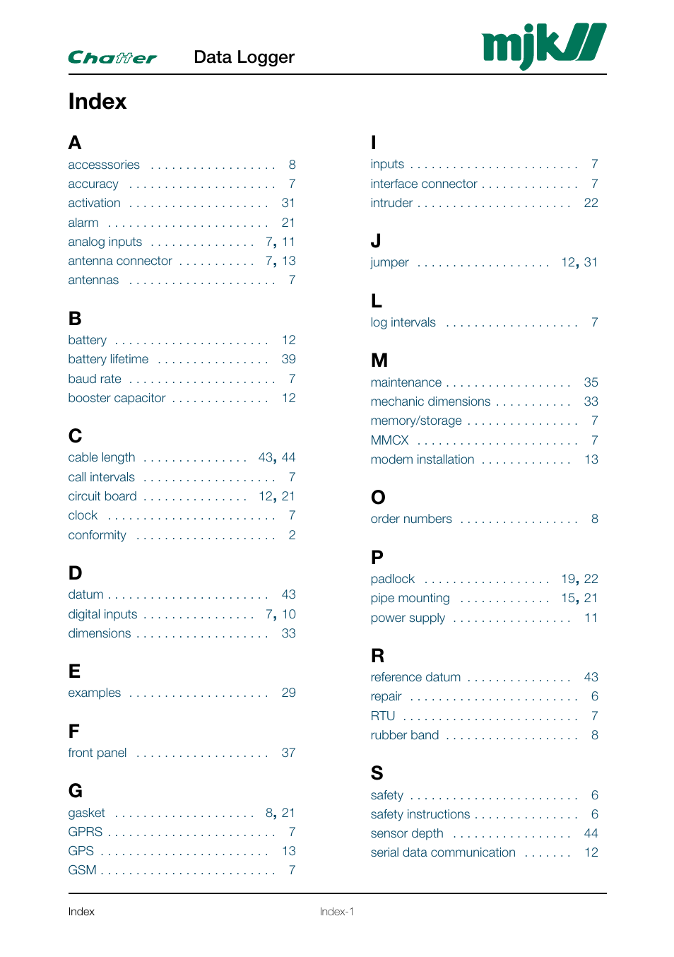 Index, Index-1 | Xylem CHATTER Hardware Manual User Manual | Page 47 / 50