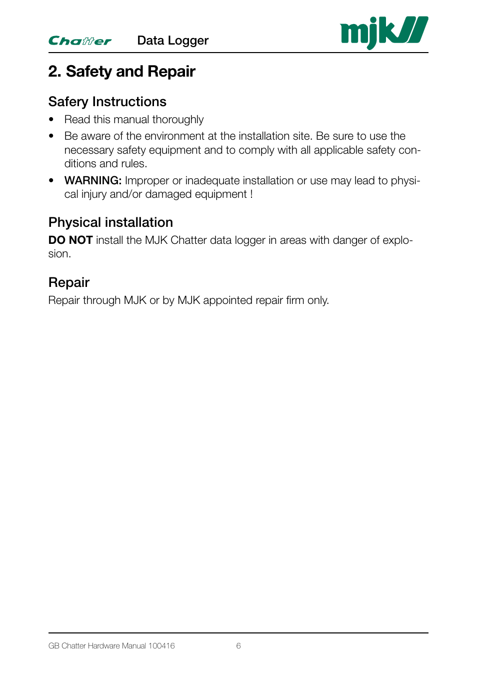 Safety and repair, Safery instructions, Physical installation | Repair, Safery instructions physical installation repair | Xylem CHATTER Hardware Manual User Manual | Page 6 / 50