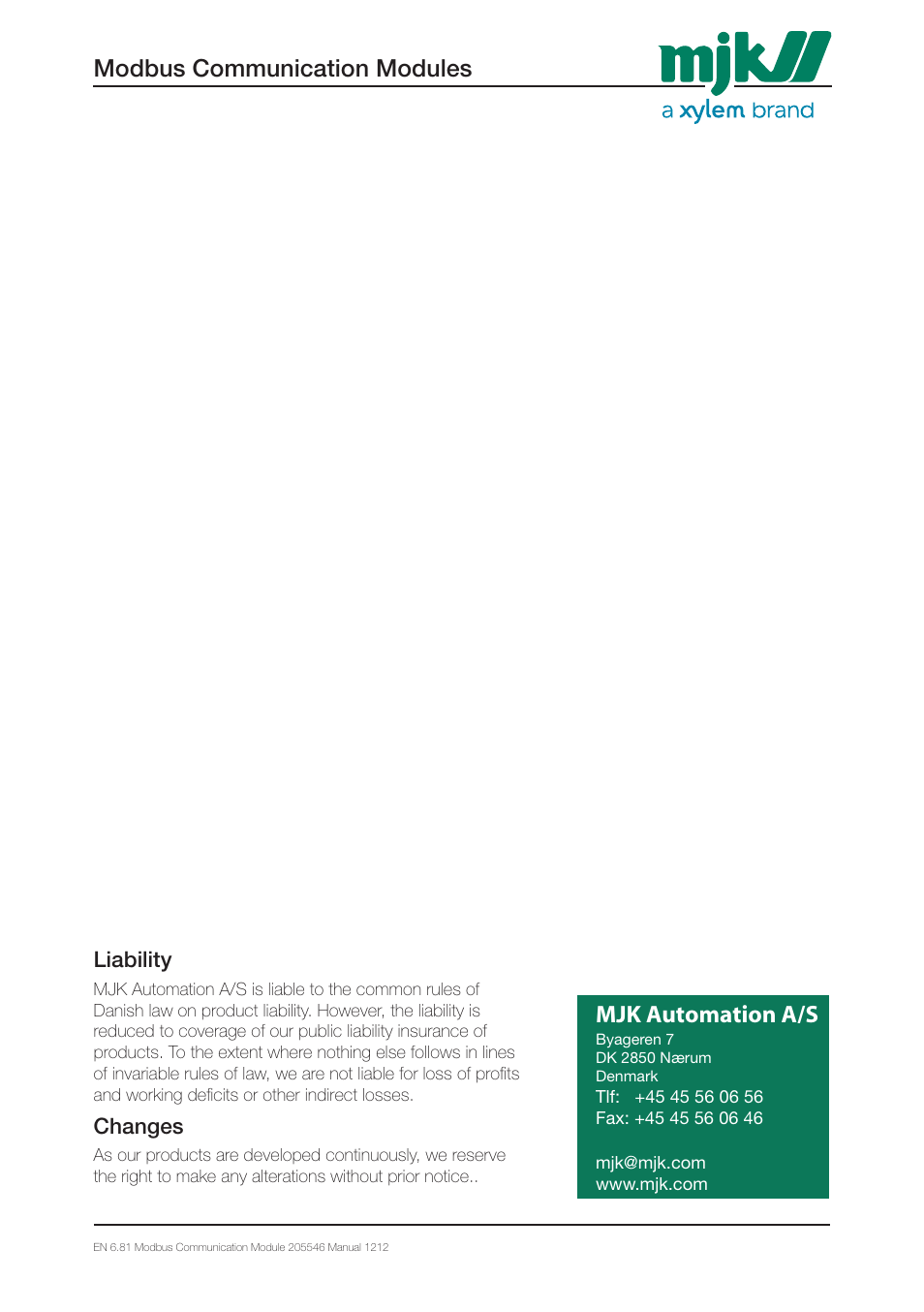 Mjk automation a/s modbus communication modules | Xylem 205546 Modbus Communication Modules for Displays User Manual | Page 26 / 26