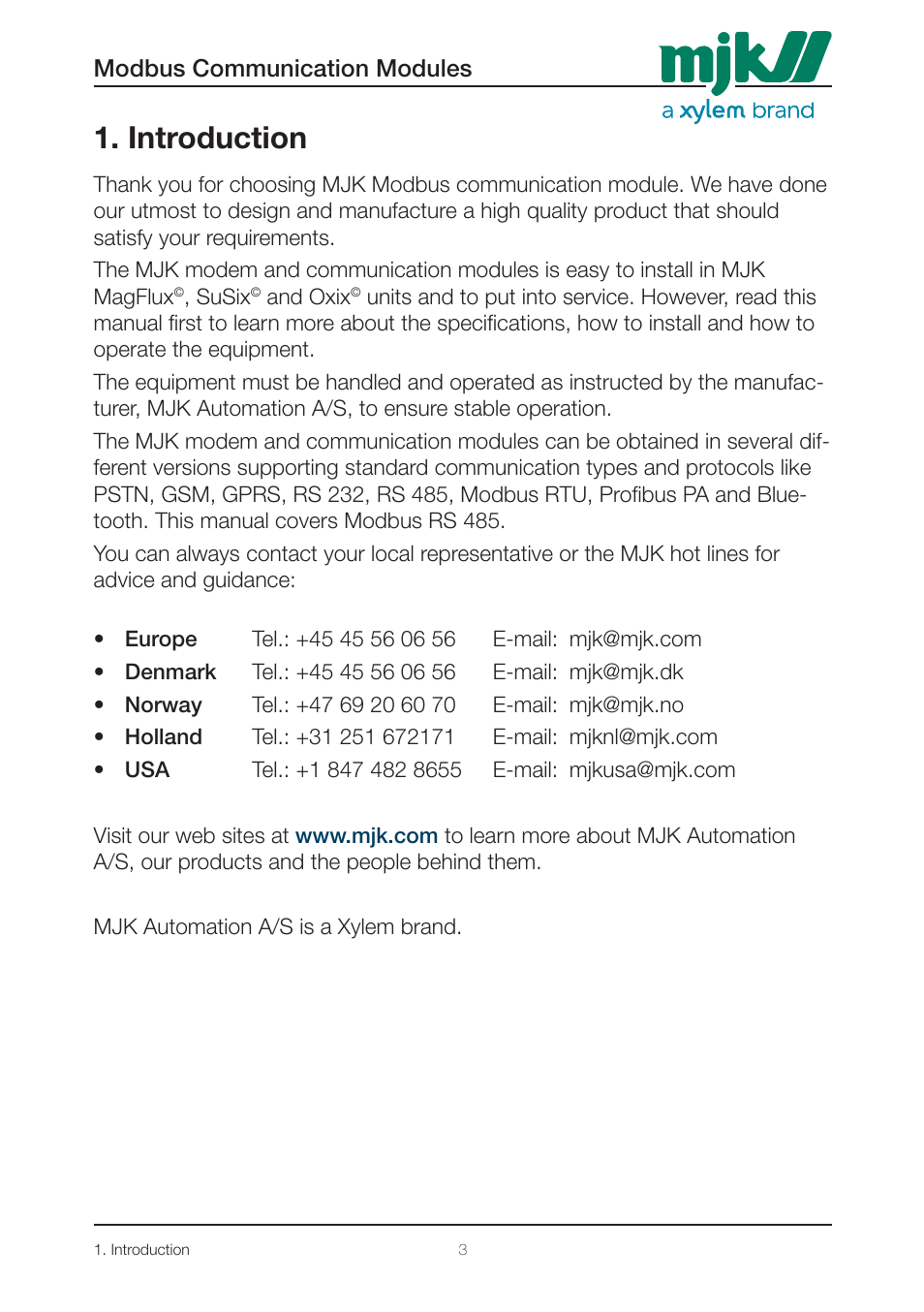 Introduction | Xylem 205546 Modbus Communication Modules for Displays User Manual | Page 3 / 26