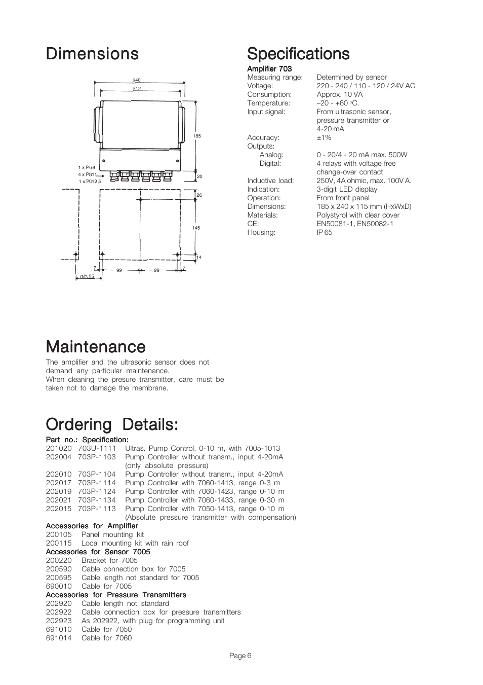 Specifications, Dimensions, Ordering details | Xylem 703 PUMP CONTROLLER User Manual | Page 6 / 8