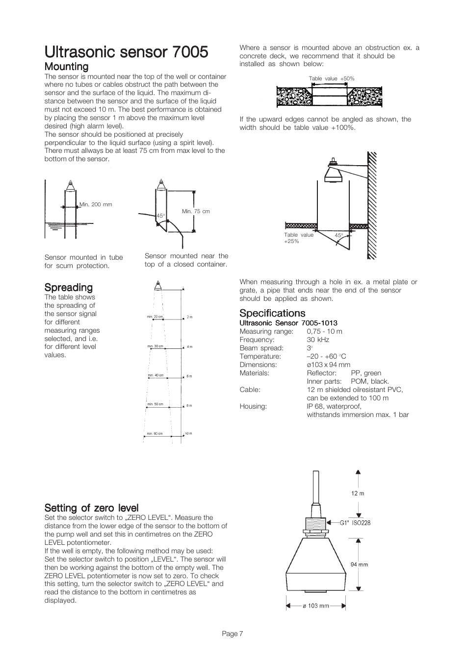 Ultrasonic sensor 7005, Mounting, Specifications | Spreading, Setting of zero level | Xylem 703 PUMP CONTROLLER User Manual | Page 7 / 8