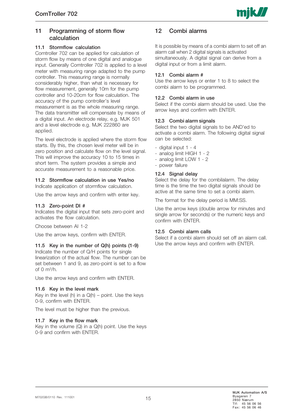 12 combi alarms | Xylem 702 MJK Comtroller User Manual | Page 15 / 22