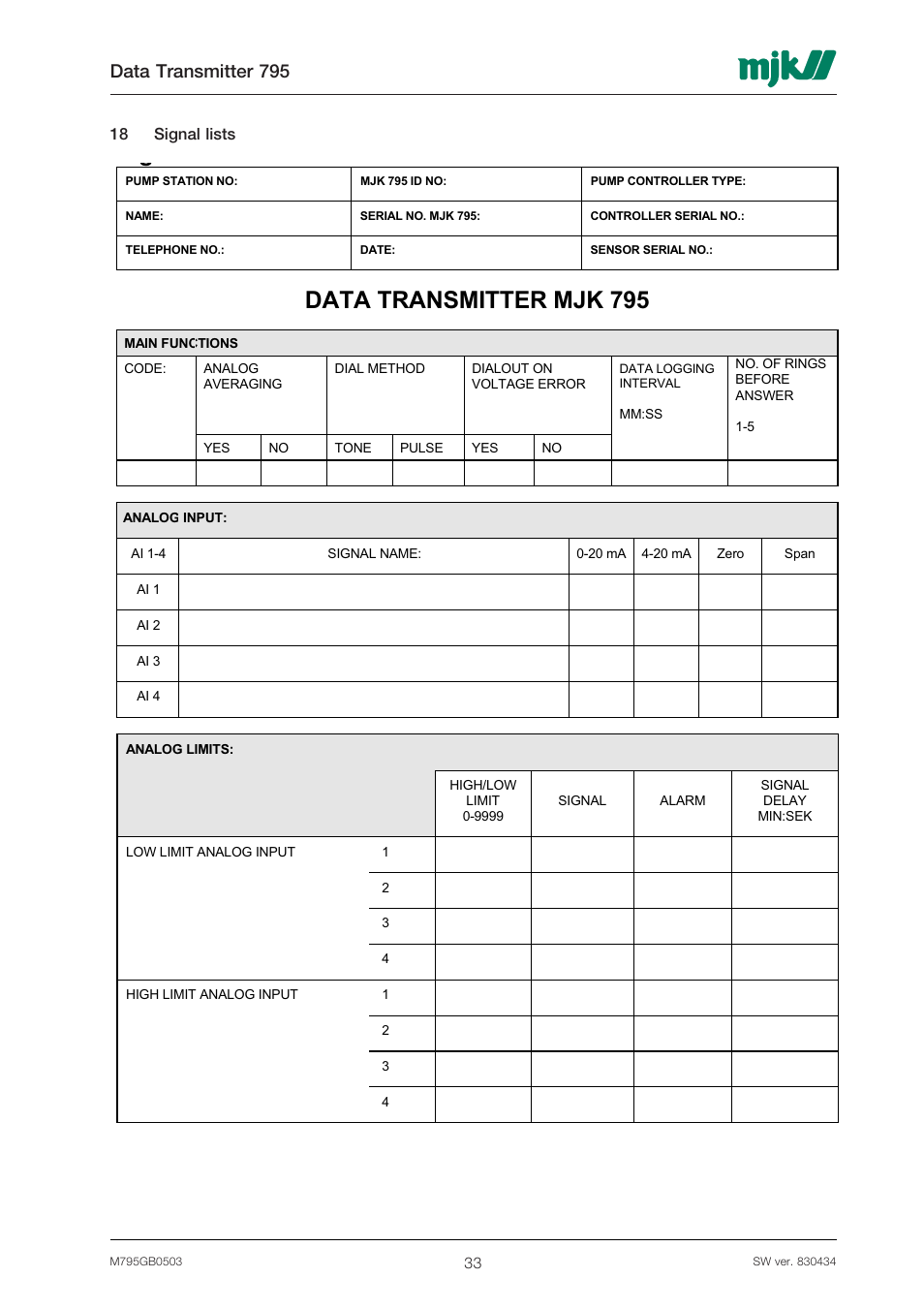 Data transmitter mjk 795, Data transmitter 795 | Xylem 795 MJK Data Transmitter User Manual | Page 33 / 54