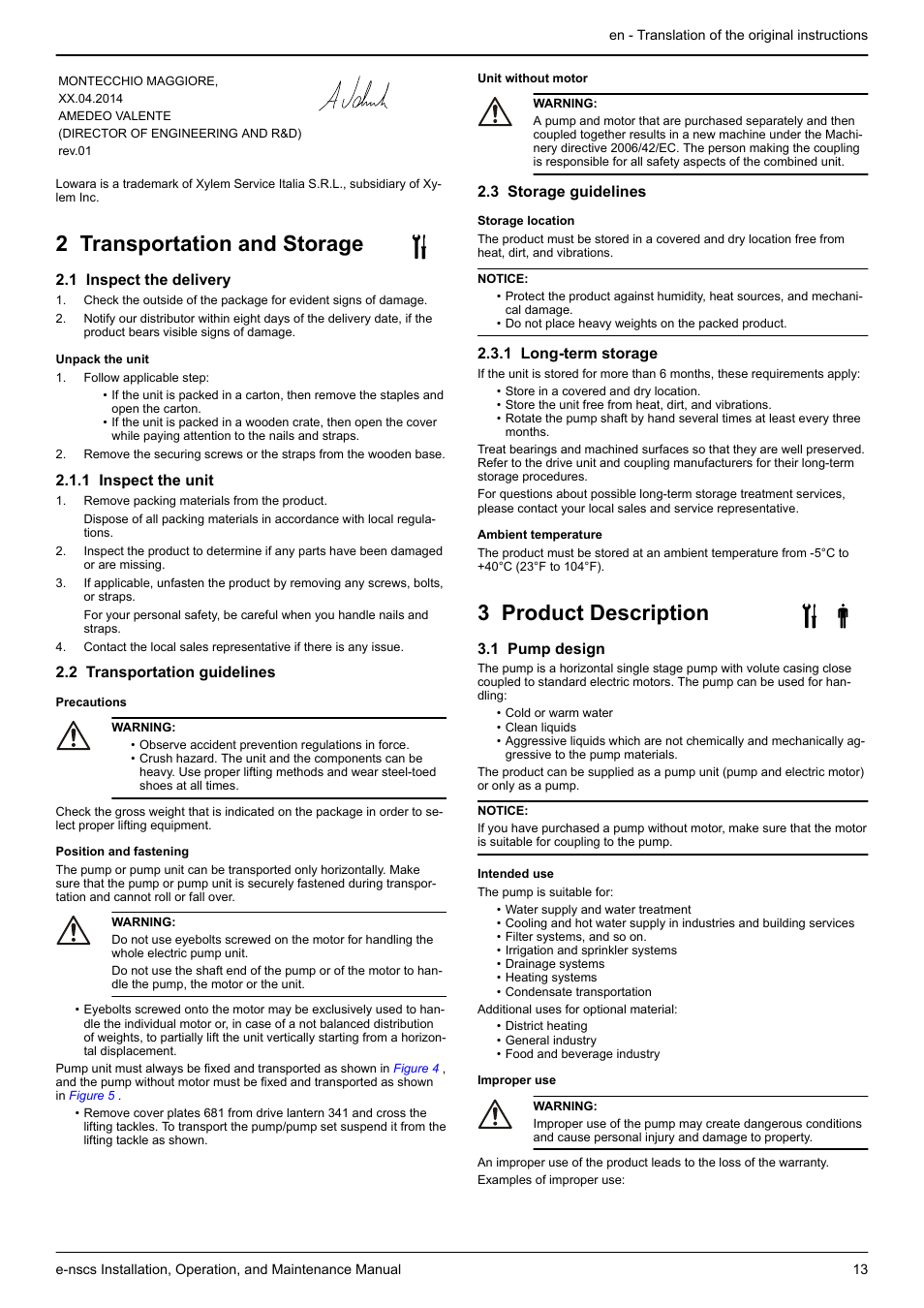 2 transportation and storage, 1 inspect the delivery, 1 inspect the unit | 2 transportation guidelines, 3 storage guidelines, 1 long-term storage, 3 product description, 1 pump design | Xylem e-NSCS User Manual | Page 13 / 80