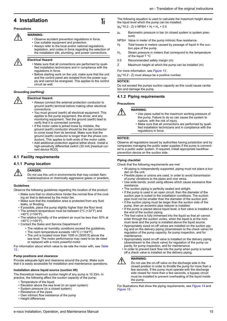 1 facility requirements, 1 pump location, 2 piping requirements | 4 installation, 1 facility requirements 4.1.1 pump location | Xylem e-NSCS User Manual | Page 15 / 80