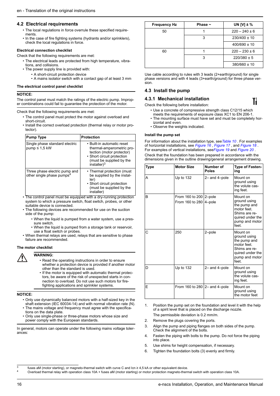2 electrical requirements, 3 install the pump, 1 mechanical installation | Install the pump set, 3 install the pump 4.3.1 mechanical installation | Xylem e-NSCS User Manual | Page 16 / 80