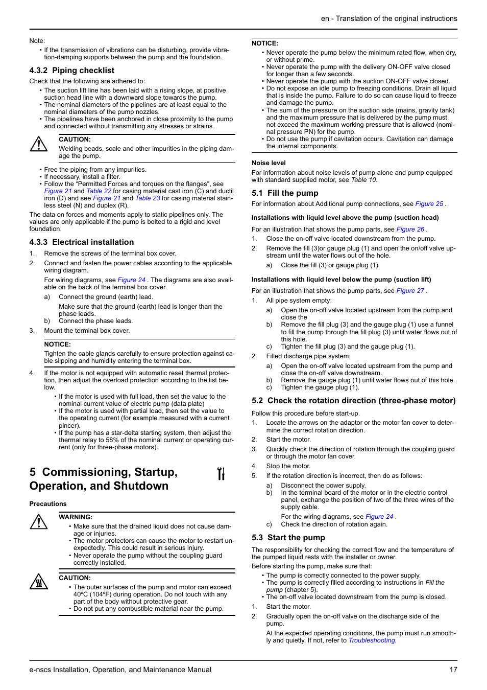 2 piping checklist, 3 electrical installation, 5 commissioning, startup, operation, and shutdown | 1 fill the pump, 2 check the rotation direction (three-phase motor), 3 start the pump, 6 maintenance | Xylem e-NSCS User Manual | Page 17 / 80