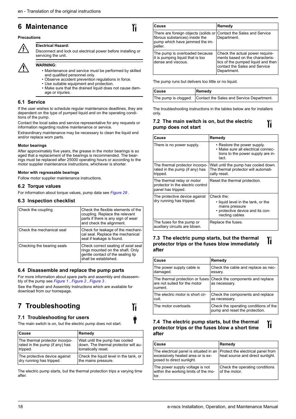 1 service, 2 torque values, 3 inspection checklist | 4 disassemble and replace the pump parts, 7 troubleshooting, 1 troubleshooting for users, If not, refer to, Troubleshooting, 6 maintenance | Xylem e-NSCS User Manual | Page 18 / 80