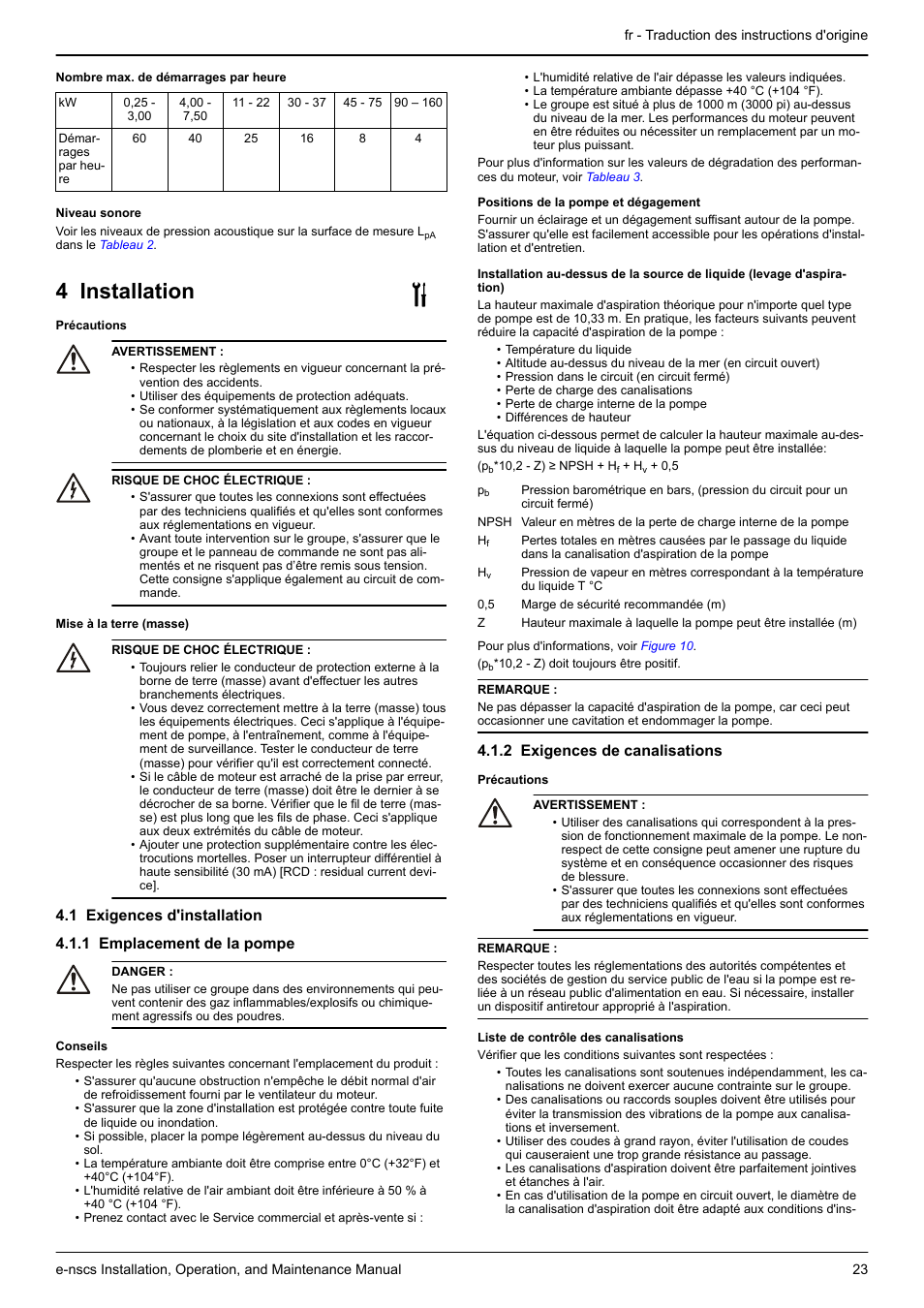 4 installation, 1 exigences d'installation, 1 emplacement de la pompe | 2 exigences de canalisations | Xylem e-NSCS User Manual | Page 23 / 80