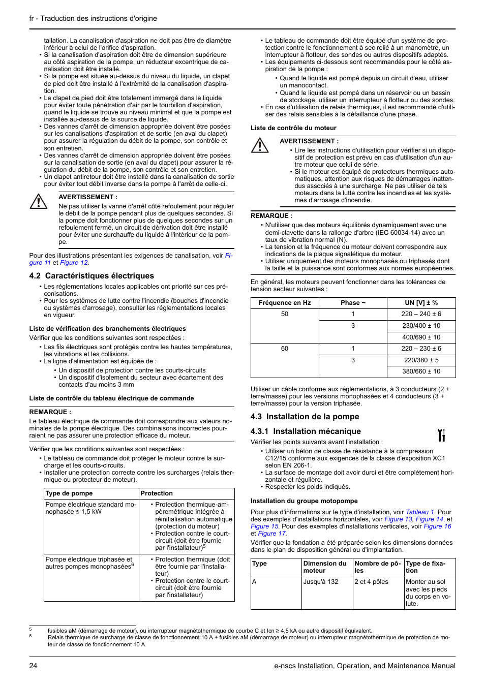 2 caractéristiques électriques, 3 installation de la pompe, 1 installation mécanique | Installation du groupe motopompe | Xylem e-NSCS User Manual | Page 24 / 80