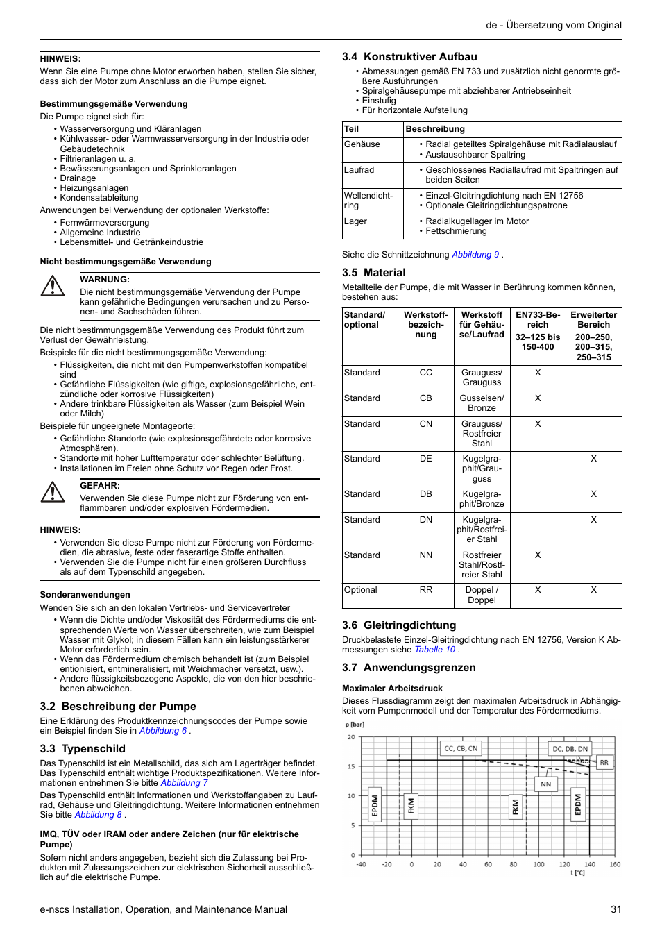 2 beschreibung der pumpe, 3 typenschild, 4 konstruktiver aufbau | 5 material, 6 gleitringdichtung, 7 anwendungsgrenzen | Xylem e-NSCS User Manual | Page 31 / 80