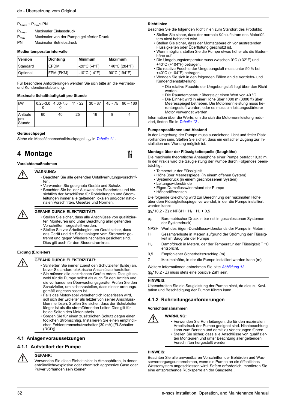 4 montage, 1 anlagenvoraussetzungen, 1 aufstellort der pumpe | 2 rohrleitungsanforderungen | Xylem e-NSCS User Manual | Page 32 / 80