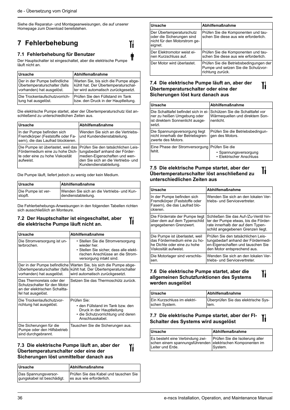 7 fehlerbehebung, 1 fehlerbehebung für benutzer, Fehlerbehe | Bung | Xylem e-NSCS User Manual | Page 36 / 80