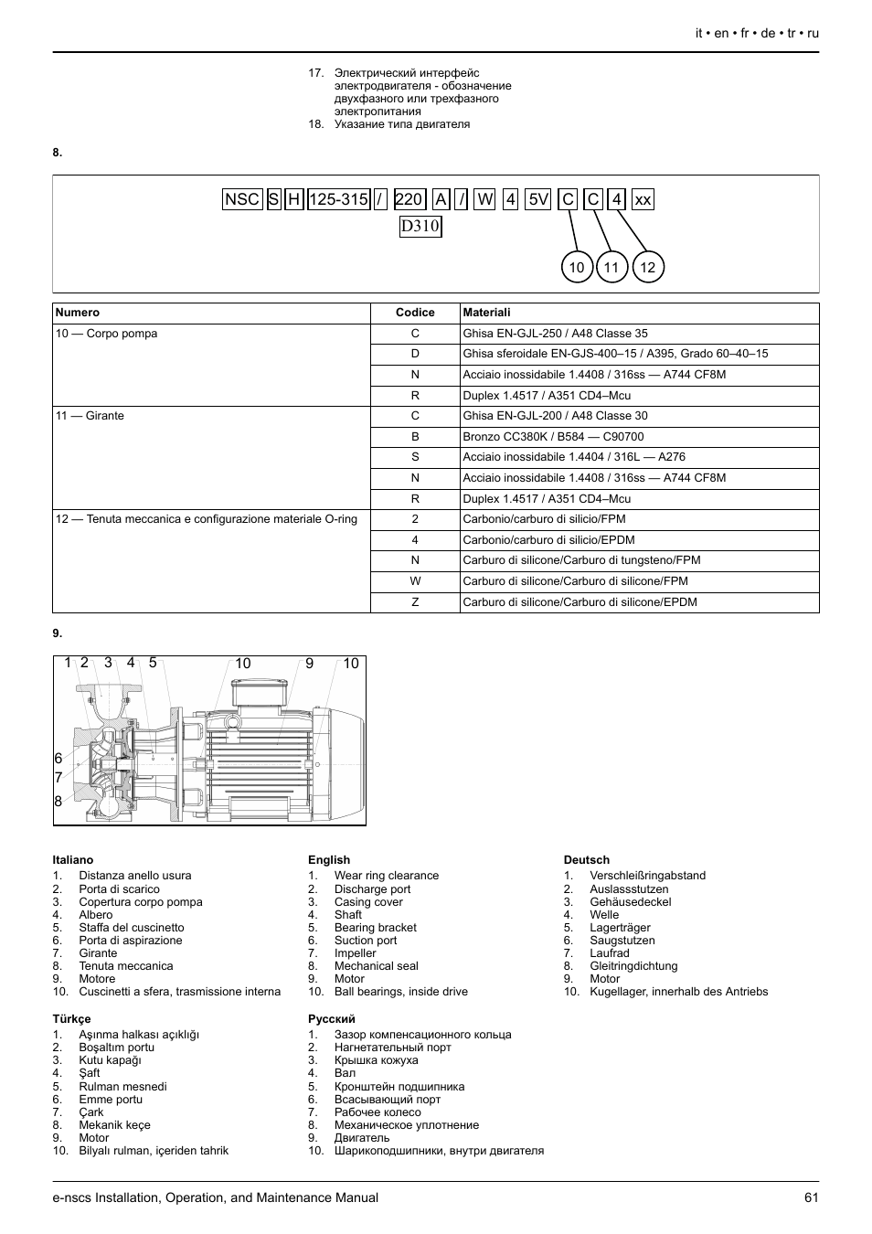 Figura 8, Edere il disegno della sezione trasversale, Figura 9 | Figure 8, See the sectional drawing, Figure 9, Pour plus d'informations, voir, Abbildung 8, Abbildung 9, Şekil 8 | Xylem e-NSCS User Manual | Page 61 / 80