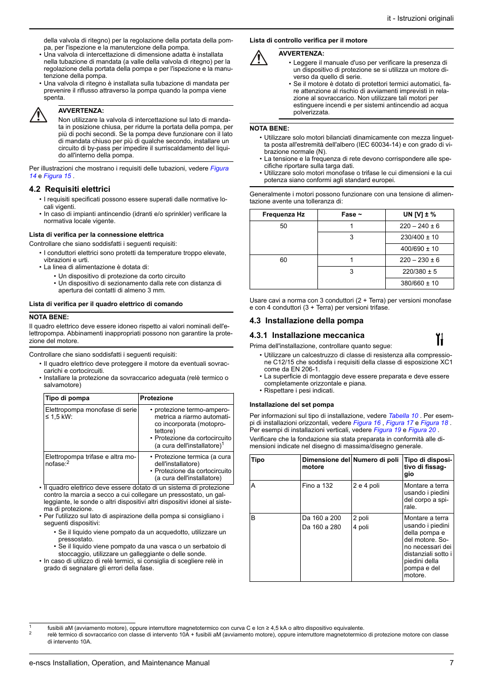 2 requisiti elettrici, 3 installazione della pompa, 1 installazione meccanica | Installazione del set pompa | Xylem e-NSCS User Manual | Page 7 / 80